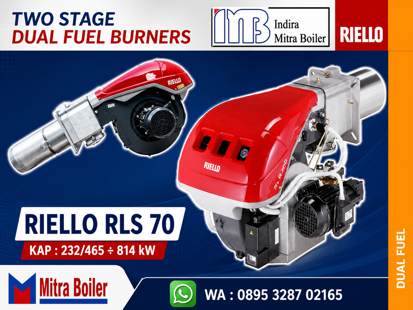 JUAL BURNER RIELLO DUAL FUEL RLS 70-DUA TAHAP 232/465÷814 kW
