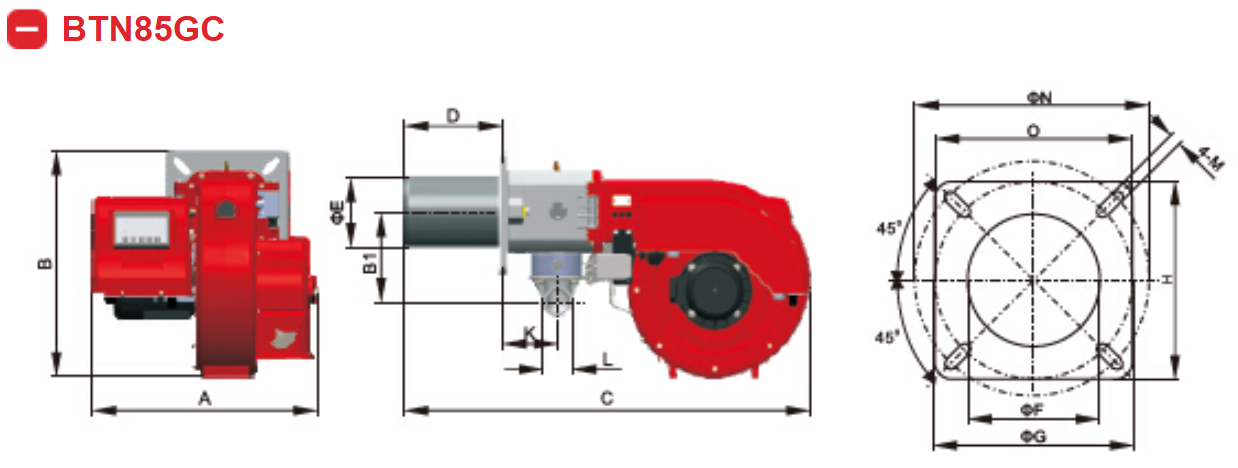 DIMENSI BURNER GAS - BAITE BTN85/120/150GC