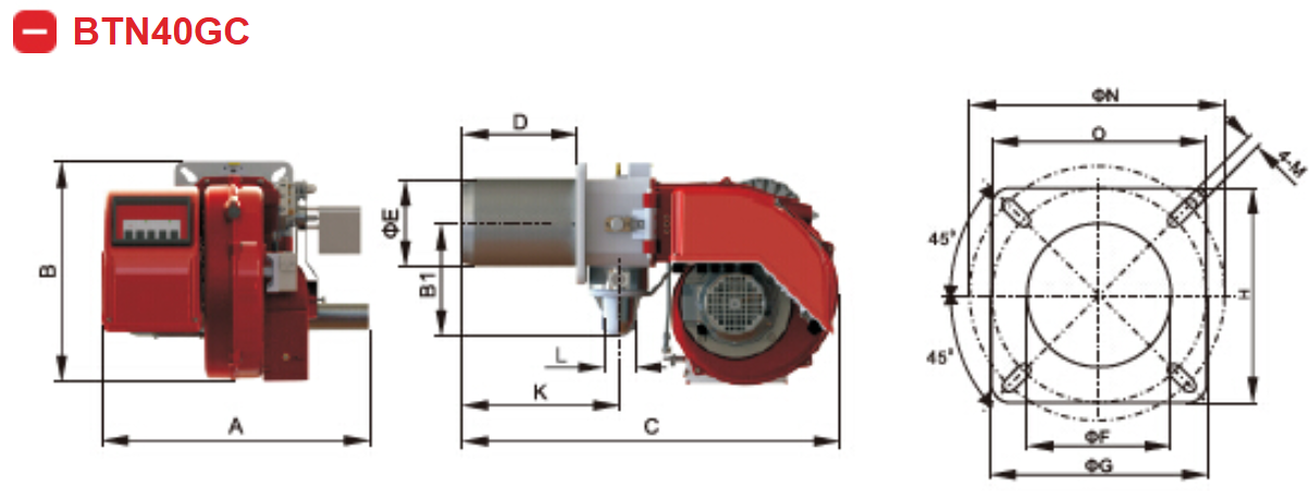 DIMENSI BURNER GAS - BAITE BTN40/55G/GC