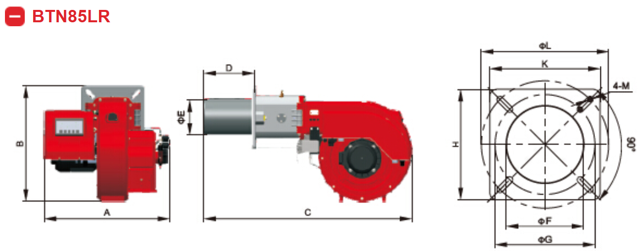 DIMENSI MESIN BURNER SOLAR - BAITE BTN85/120/150L/LR