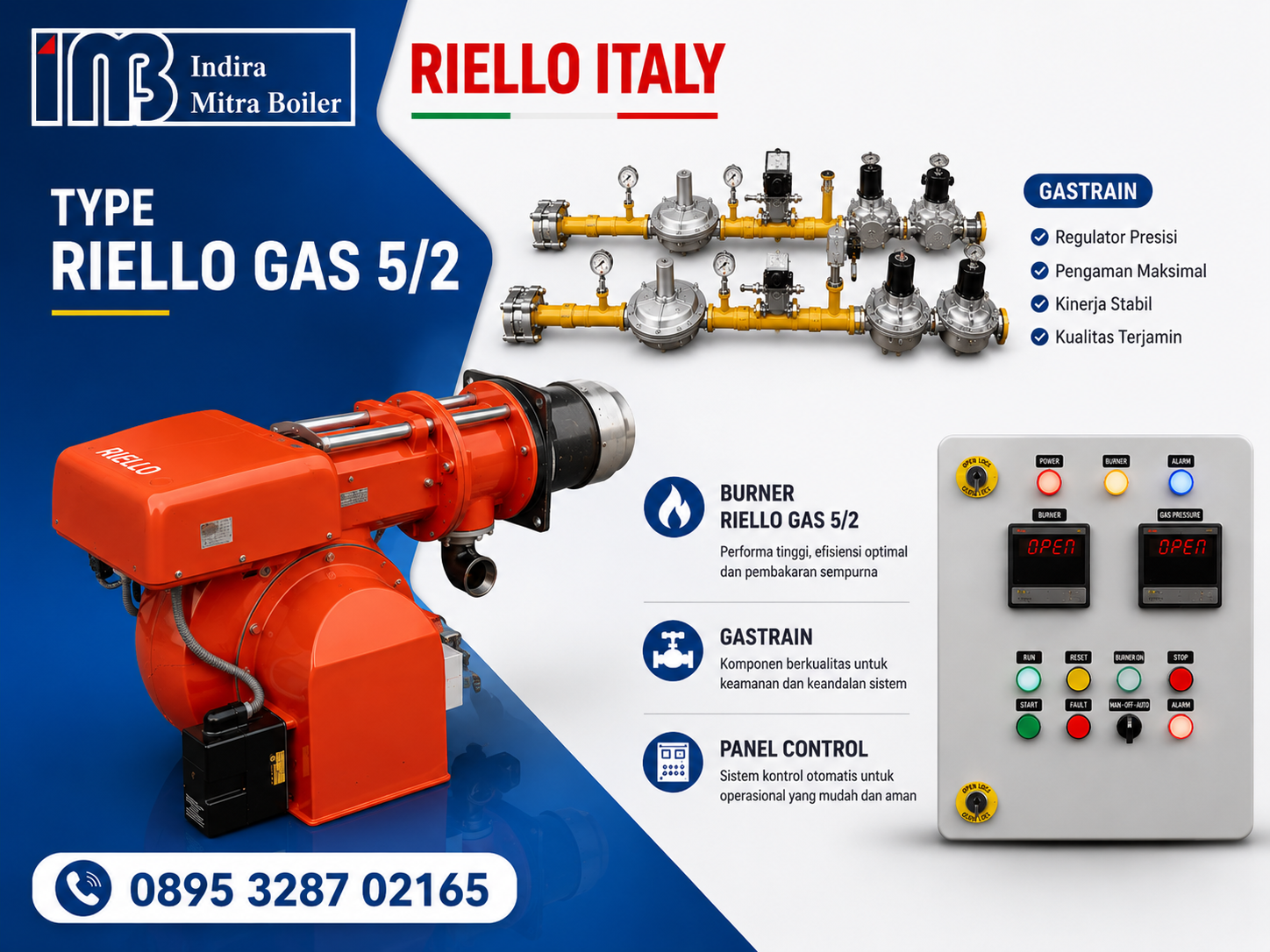 JUAL BURNER RIELLO GAS 5/2 - GASTRAIN + PANEL TEMPERATUR CONTROL